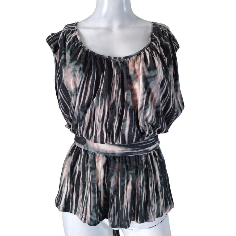Jennifer Lopez Blouse Women L Green Pullover Tie Dye Belted Flowy Casual Peplum